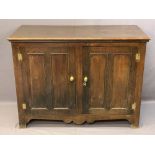 ANTIQUE OAK TWO DOOR SIDEBOARD having brass hinges and door furniture, oak interior shelves on