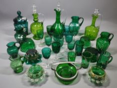 GREEN DRINKING GLASSWARE, decanters and enamel decorated jugs and bowls, a collection, approximately