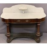 VICTORIAN MAHOGANY DUCHESS TYPE MARBLE TOP WASHSTAND, the shaped top with central shelf splashback