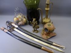 A PAIR OF MILITARY SWORDS & SCABBARDS, model copper diver's helmet, brass Viking ornaments, Art