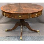 REPRODUCTION MAHOGANY DRUM TOP LIBRARY TABLE, the crossbanded top with segmented flame mahogany