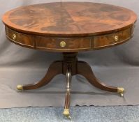 REPRODUCTION MAHOGANY DRUM TOP LIBRARY TABLE, the crossbanded top with segmented flame mahogany