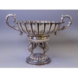SPANISH SILVER TWIN-HANDLED PEDESTAL DISH with lobed bowl decoration supported by two standing swans