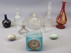 SCENT BOTTLES & OTHER GLASSWARE, Art Deco frosted glass clock and a Cobalt ground bud vase with gilt