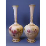 ROYAL WORCESTER BLUSH FLORAL CHINA - A pair of onion shaped vases with long narrow necks, Reg Nos