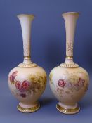 ROYAL WORCESTER BLUSH FLORAL CHINA - A pair of onion shaped vases with long narrow necks, Reg Nos