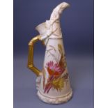ROYAL WORCESTER BLUSH FLORAL CHINA - unusual horn jug with double spout and 'bamboo' gilt handle,