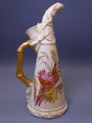 ROYAL WORCESTER BLUSH FLORAL CHINA - unusual horn jug with double spout and 'bamboo' gilt handle,