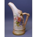 ROYAL WORCESTER BLUSH FLORAL CHINA - A horn shaped jug with double rustic branch handle, Reg No
