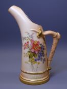 ROYAL WORCESTER BLUSH FLORAL CHINA - A horn shaped jug with double rustic branch handle, Reg No