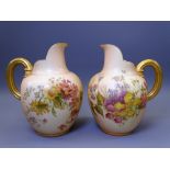 ROYAL WORCESTER BLUSH FLORAL CHINA - a pair of medium flatback jugs with gilt handles, Reg Nos 29115