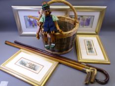 SILVER BANDED WALKING STICKS & ANOTHER (3 in total), wicker shopping basket and Pinocchio string