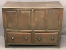 ANTIQUE OAK MULE CHEST with lift-off braced lid over a four panel front and two lower drawers with