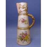 ROYAL WORCESTER BLUSH FLORAL CHINA - a tall tapered three panel jug with gilt handle, No 1047, 21cms