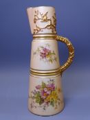 ROYAL WORCESTER BLUSH FLORAL CHINA - a tall tapered three panel jug with gilt handle, No 1047, 21cms