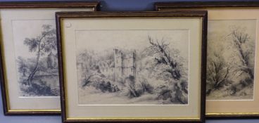 THREE MID 19TH CENTURY PENCIL DRAWINGS - Gothic landscapes with figures