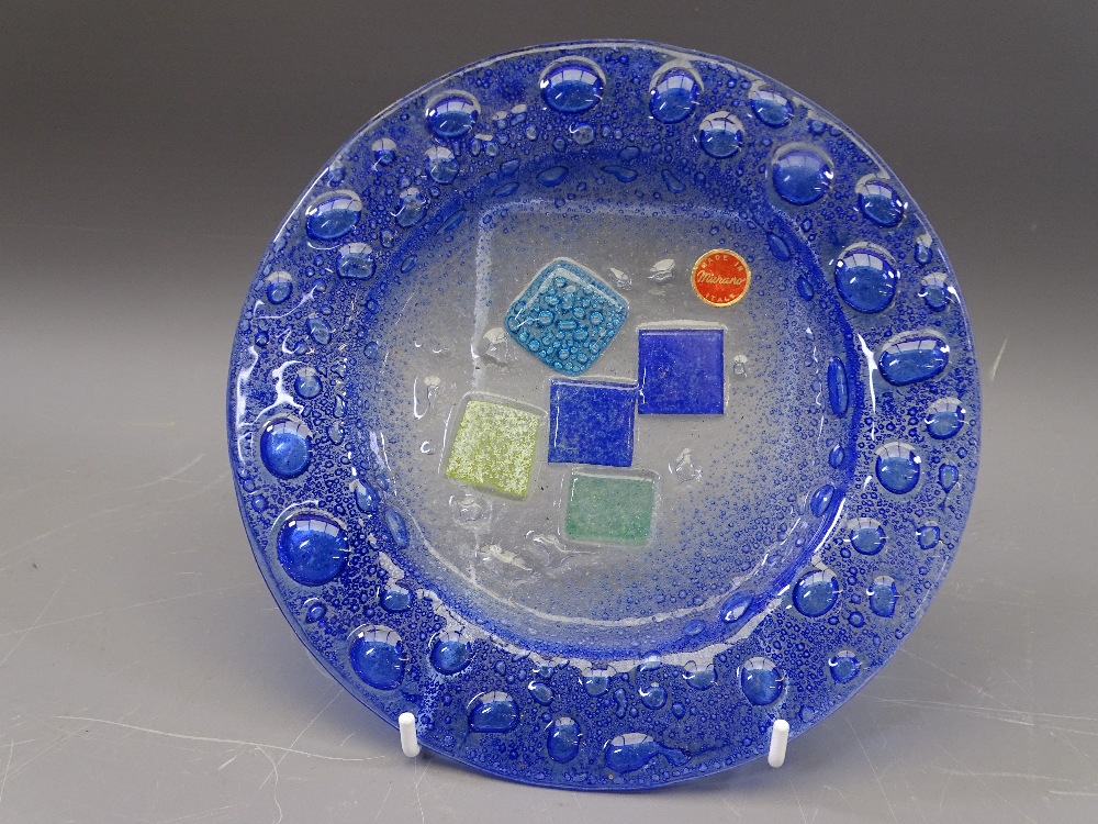 LARGE GREEN GLASS BLOCK SCULPTURE, a smaller clear glass block and a Murano Mosaic plate - Image 4 of 4