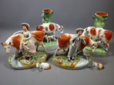 STAFFORDSHIRE POTTERY COW FIGURINES, 6 pieces including a pair of cow and calf spill holders,