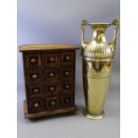 AN APPRENTICE STYLE CHEST OF 12 DRAWERS, 30cms H, 24cms W, 17cms D and a WMF twin-handled brass