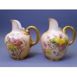 ROYAL WORCESTER BLUSH FLORAL CHINA - a pair of small flatback jugs with gilt handles, Reg No 29115