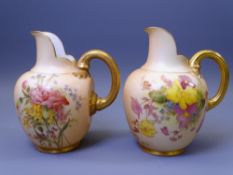 ROYAL WORCESTER BLUSH FLORAL CHINA - a pair of small flatback jugs with gilt handles, Reg No 29115