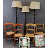 FURNITURE PARCEL (9 pieces) to include four cane chairs, three standard lamps with shades, one is