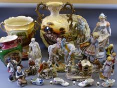 CONTINENTAL FIGURINES, a good assortment, large Staffordshire twin-handled vase, 50cms tall, other