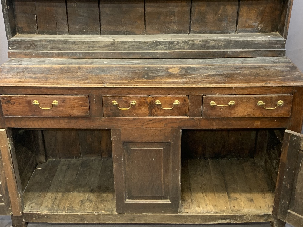 CIRCA 1760 WELSH OAK DRESSER having a three shelf stepped rack with thick backboards and later - Image 3 of 7