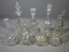 MIXED GLASS DECANTERS GROUP with various stoppers