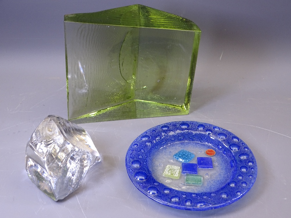 LARGE GREEN GLASS BLOCK SCULPTURE, a smaller clear glass block and a Murano Mosaic plate