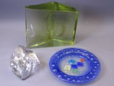 LARGE GREEN GLASS BLOCK SCULPTURE, a smaller clear glass block and a Murano Mosaic plate