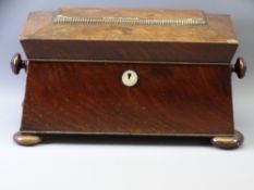 ROSEWOOD SARCOPHAGUS TEA CADDY with interior hinged compartments, 20cms tall, 37cms L, 20cms D