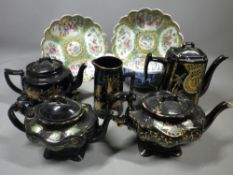 CHINESE FAMILLE ROSE LOBED DISHES (2), Victorian Jackfield style pottery teapots and a Liberty