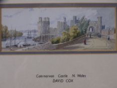 ATTRIBUTED TO DAVID COX neat watercolour - Caernarfon Castle and Harbour with figures on the road,