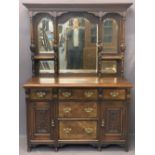 EDWARDIAN WALNUT & MAHOGANY MIRROR BACK SIDEBOARD, the multi-mirrored back with bevelled edging to