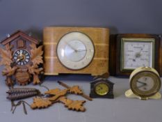 CLOCKS - 'Time Savings' clock, Smith alarm clock, Cuckoo clock, barometer and a bedroom clock