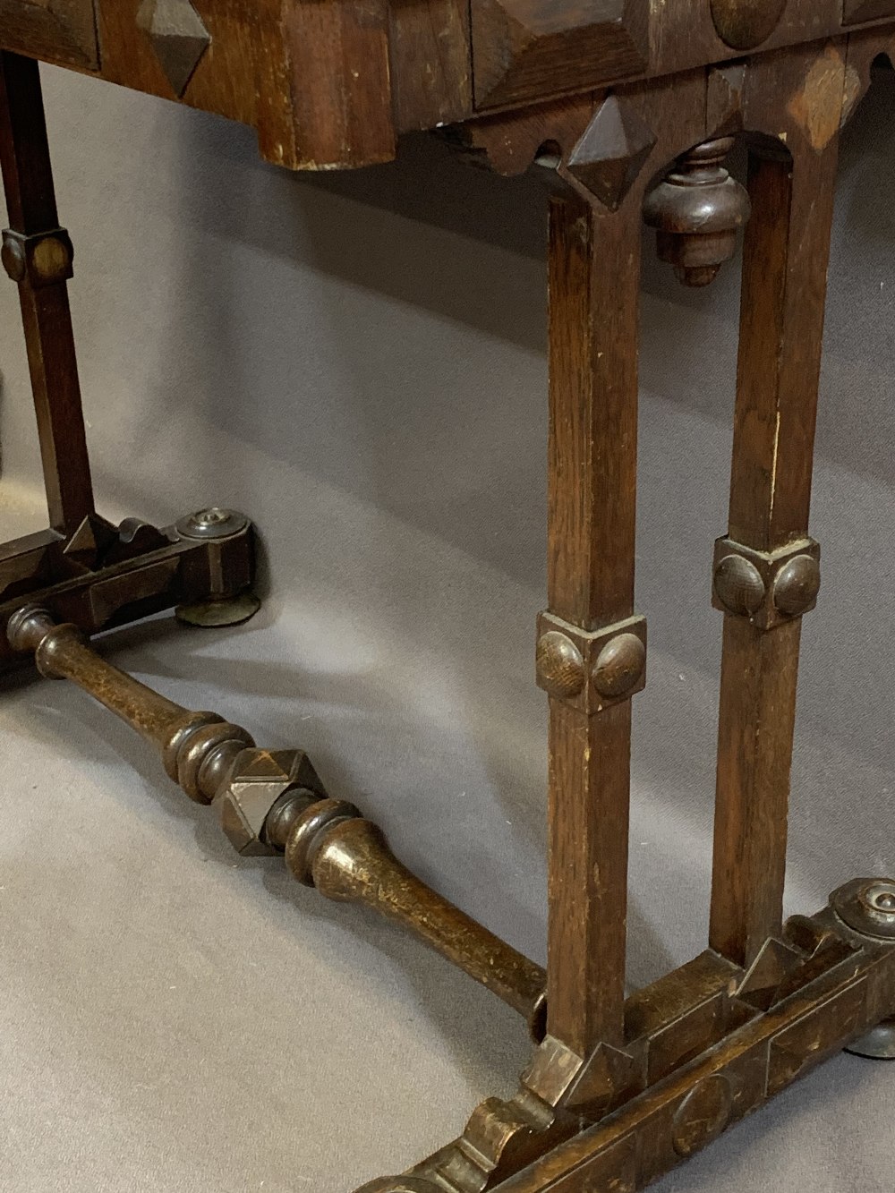 GOTHIC TYPE HALL TABLE with crossbanded and segmented walnut inlaid top over twin end supports and - Image 3 of 3