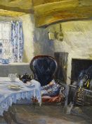 KEITH ANDREW limited edition coloured print 4/750 - cottage interior scene with cat seated by the