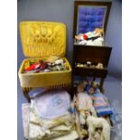 HABERDASHERY ITEMS including worktable and stool, linen, doll ETC