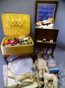 HABERDASHERY ITEMS including worktable and stool, linen, doll ETC