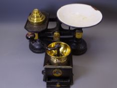 BRASS IRON COFFEE GRINDER and a vintage set of scales with weights