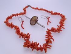 CORAL NECKLACE & EARRING SET with a sterling silver and Blue John bar brooch, circa 1940s