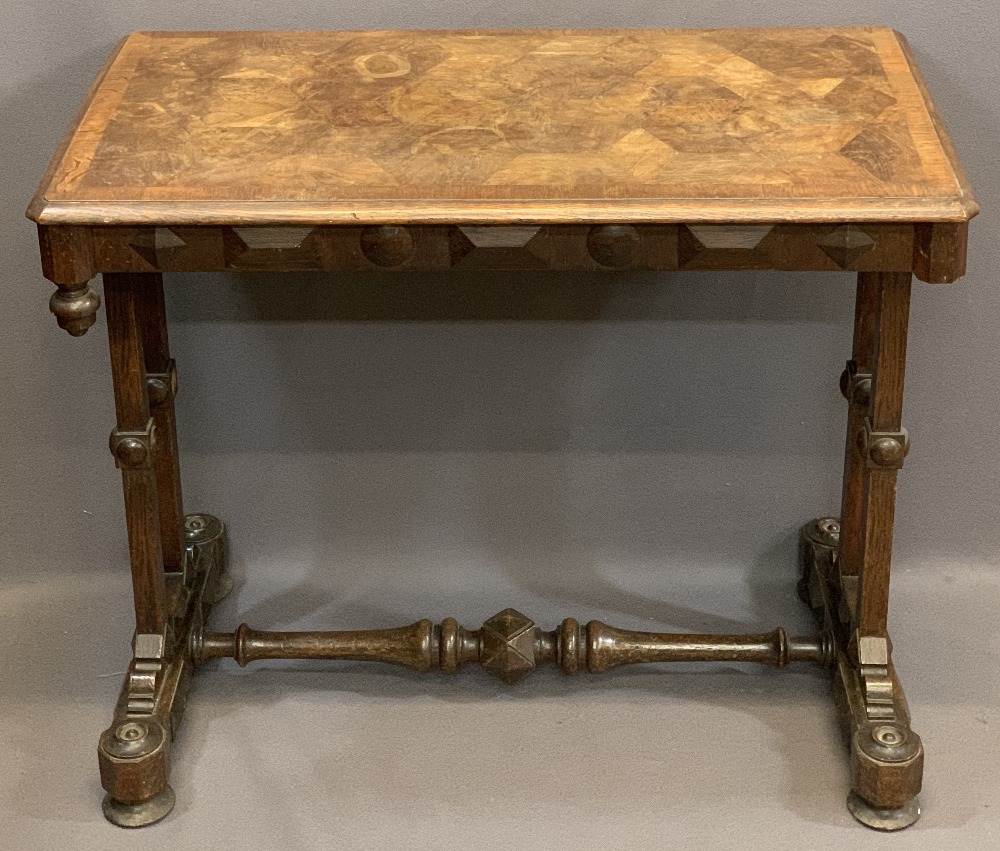 GOTHIC TYPE HALL TABLE with crossbanded and segmented walnut inlaid top over twin end supports and
