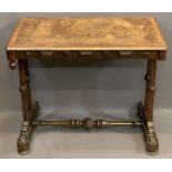 GOTHIC TYPE HALL TABLE with crossbanded and segmented walnut inlaid top over twin end supports and