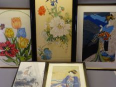 JAPANESE SILK PAINTINGS, similar themed woolwork pictures and one other to include a good signed