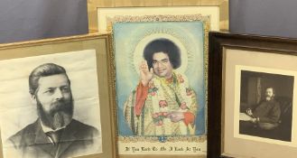 LARGE INDIAN SRI SATHYA SAI PRINT, 19th century pastel of a bearded gentleman and a photograph,