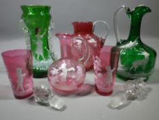 VICTORIAN & LATER GLASS COLLECTION decorated Mary Gregory style to include a jug, small decanter and