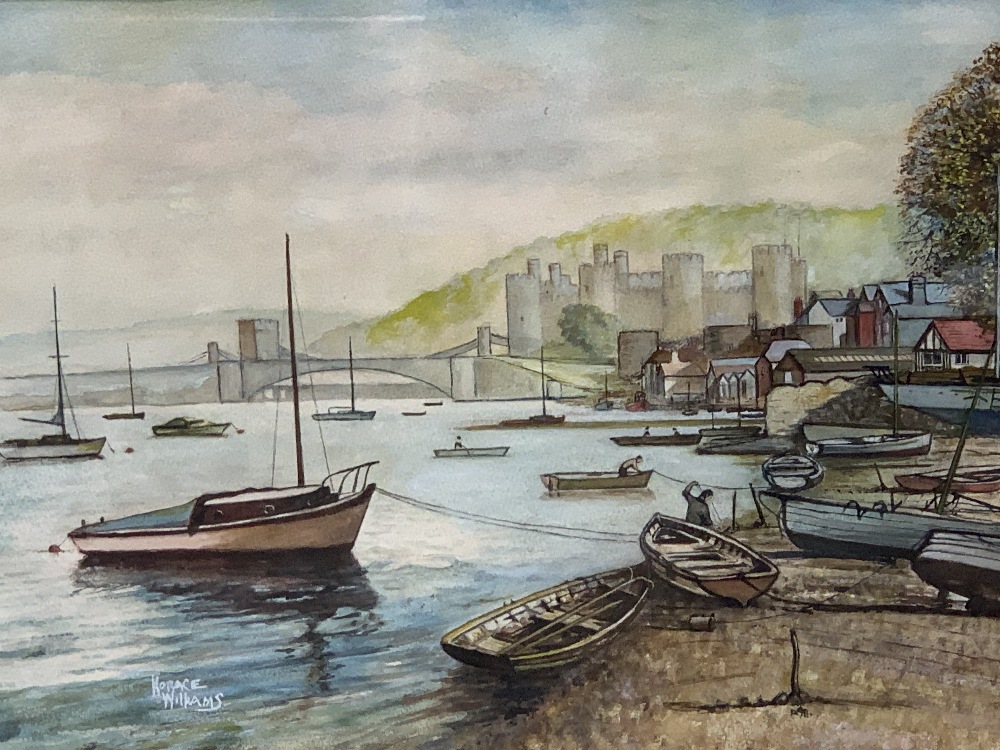 HORACE WILLIAMS watercolour - Conwy Harbour with boats to the foreground and castle and bridge to