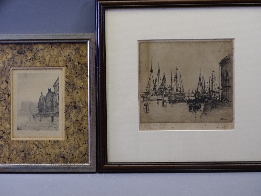MACKAY antique print of Edinburgh, 13 x 10cms and Burton, boats in harbour, 17 x 18cms