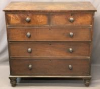 MID 19TH CENTURY MAHOGANY CHEST of two short over three long drawers with turned wooden knobs on bun